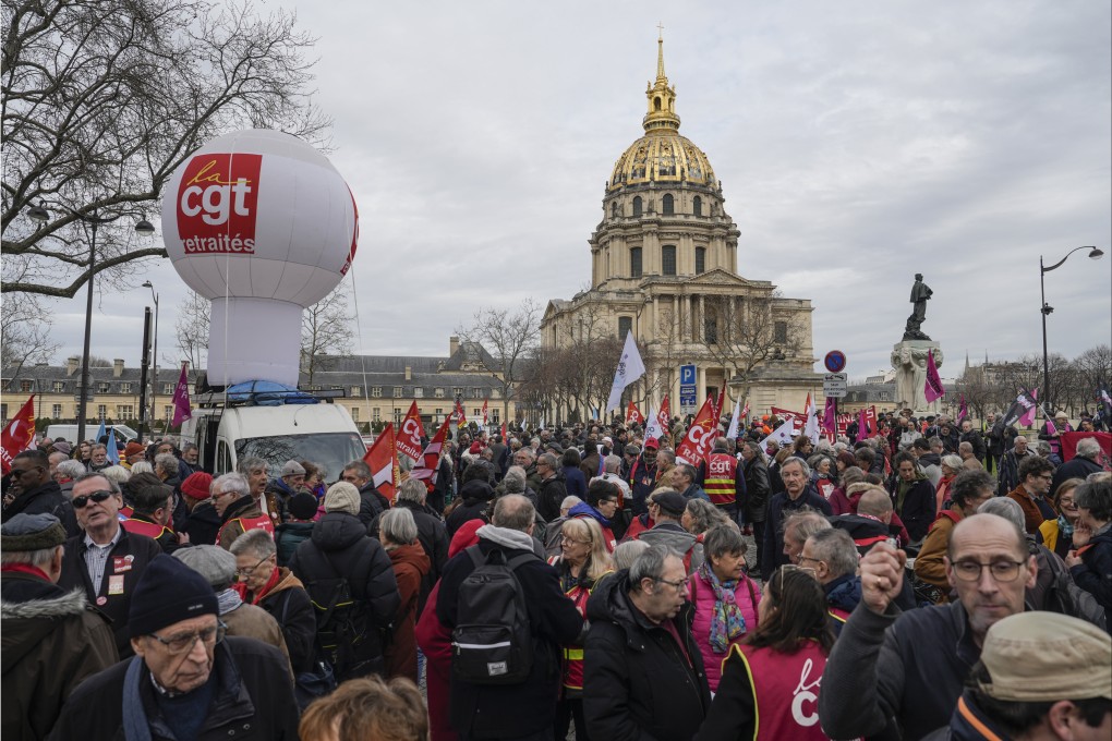 People in Paris stage a protest against the retirement bill on Monday. Photo: AP