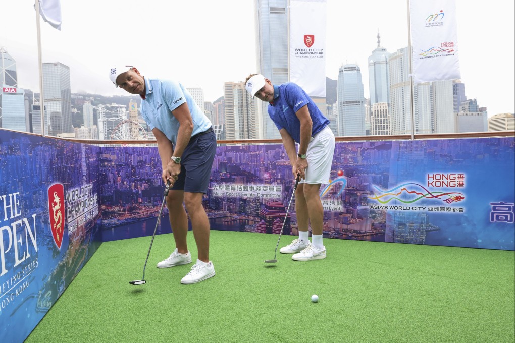 Henrik Stenson (left) and Ian Poulter at a photo call in Victoria Harbour ahead of this week’s World City Championship at Hong Kong Golf Club. Photo: K. Y. Cheng