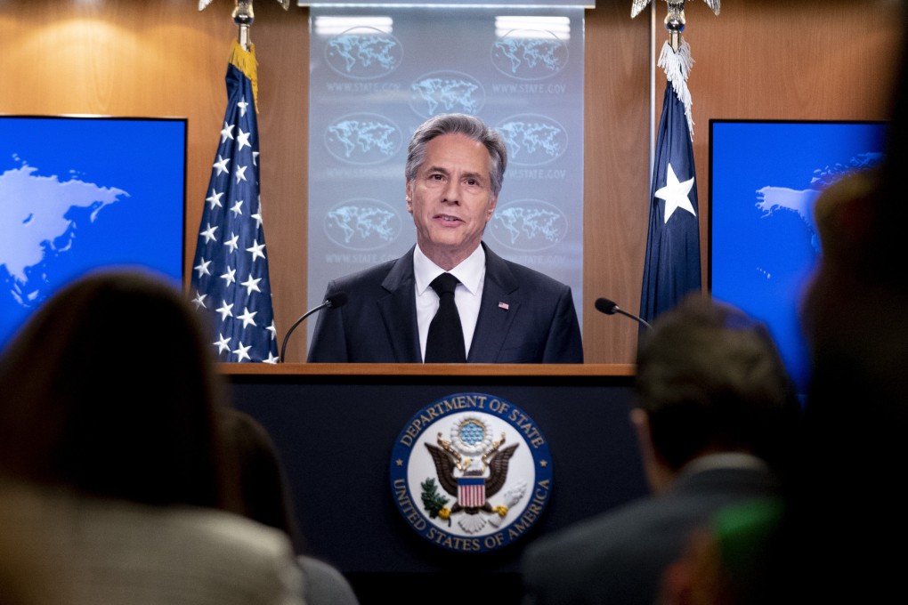 US Secretary of State Antony Blinken speaks about talks between Russian President Vladimir Putin and Chinese President Xi Jinping in Moscow during a briefing on the 2022 Country Reports on Human Rights Practices at the State Department in Washington on Monday. Photo: AP