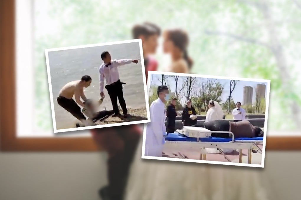 A bride-to-be in China was stunned when her fiancé jumped into a lake to save a drowning girl while having their pre-wedding photos taken and praises his bravery. Photo: SCMP composite/handout