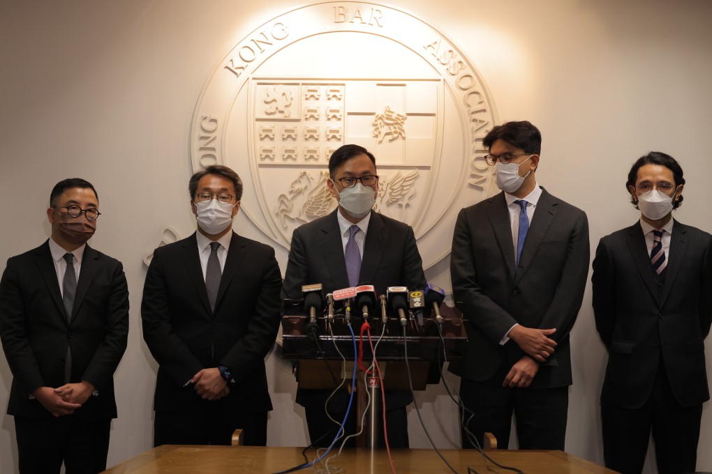 Members of the Hong Kong Bar Association are seen at their offices in January: (l-r) Eugene W.T. Yim, honorary secretary and treasurer; Derek C.L. Chan, SC, vice- chairman; Victor Dawes, SC, chairman; Jose Antonio Maurellet, SC, vice-chairman and Martin W.H. Wong, deputy honorary secretary. Photo: Jelly Tse