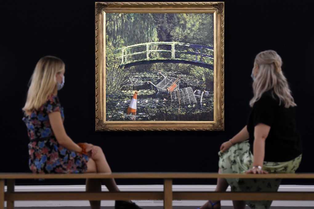 Show Me the Monet by artist Banksy on display in London as part of a live stream auction by Sotheby’s in 2020. Photo: AFP