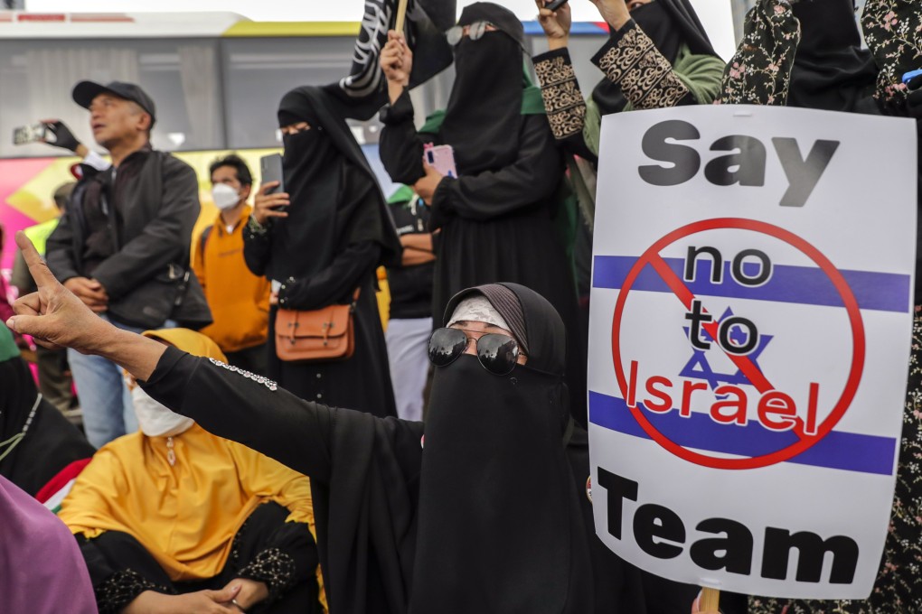 Protesters demand the Indonesian government reject Israel’s participation in the coming Fifa U20 World Cup which will be hosted by the country in six cities. Photo: EPA-EFE