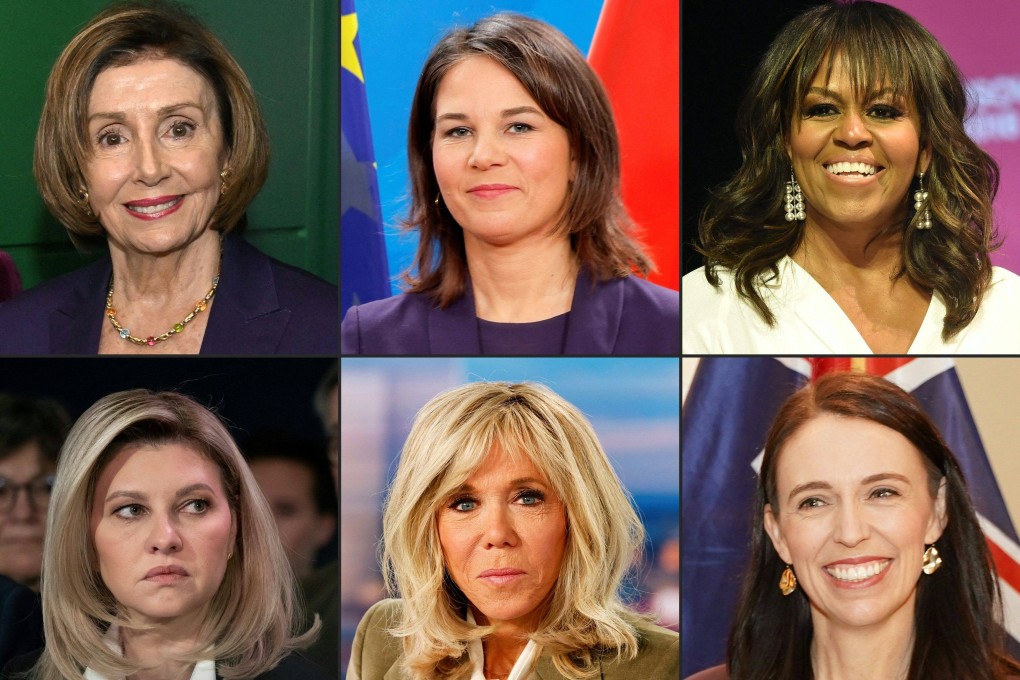 From top-left: Former US House Speaker Nancy Pelosi, former US first lady Michelle Obama, Ukraine’s First Lady Olena Zelenska, French President’s wife and President of the Hospitals Foundation Brigitte Macron, and New Zealand’s former leader Jacinda Ardern. Photos: Various sources / AFP