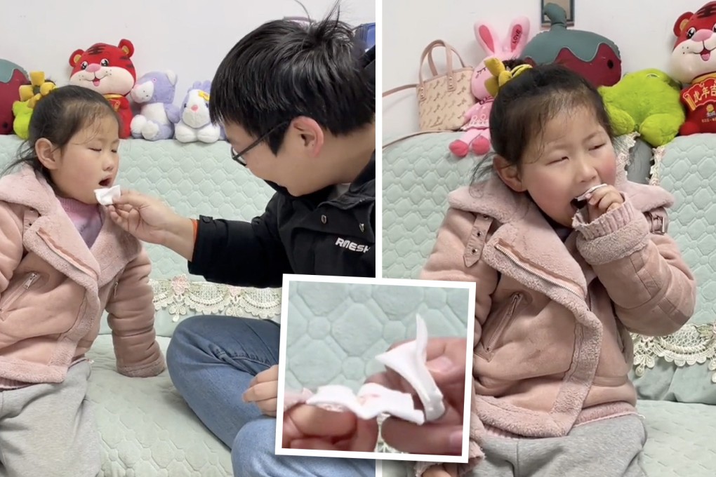 “It’s a piece of cake. Why are you scared?” the girl says to her father after removing the loose tooth herself. Photo: SCMP composite/Weibo