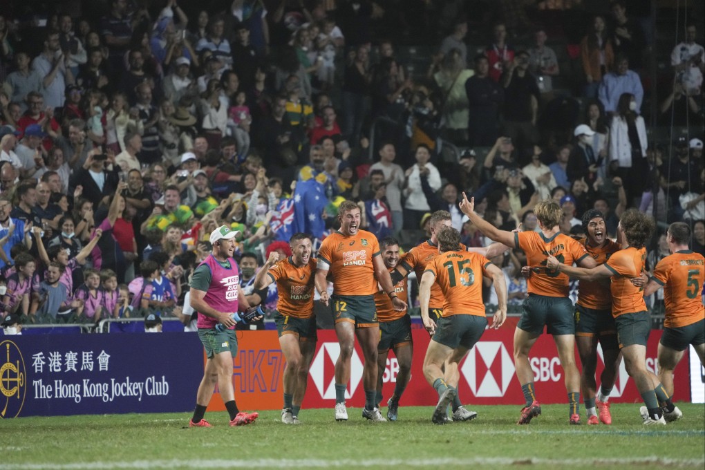 Australia’s players celebrate victory over Fiji in last November’s Cup final. Photo: Sam Tsang