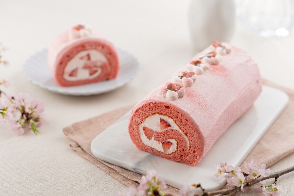 Sakura roll cake at Hong Kong patisserie Kiyoka, which infuses the Japanese cherry blossom throughout the cake dough, cream filling and with garnishes. Photo: Kiyoka