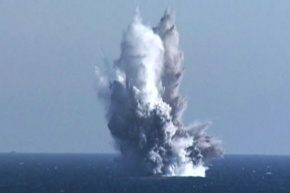 North Korea’s underwater attack drone fires in the water off the coast of Riwon county, South Hamgyong province, on March 23. Photo: KCNA via KNS/AFP