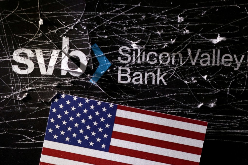 SVB (Silicon Valley Bank) logo and US flag sticker. Photo: Reuters