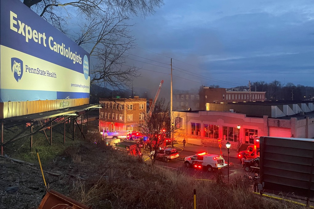 Smoke pours from a chocolate factory after a fire broke out, in West Reading, Pennsylvania on Saturday. Photo: Twitter @Based_In410 / via Reuters