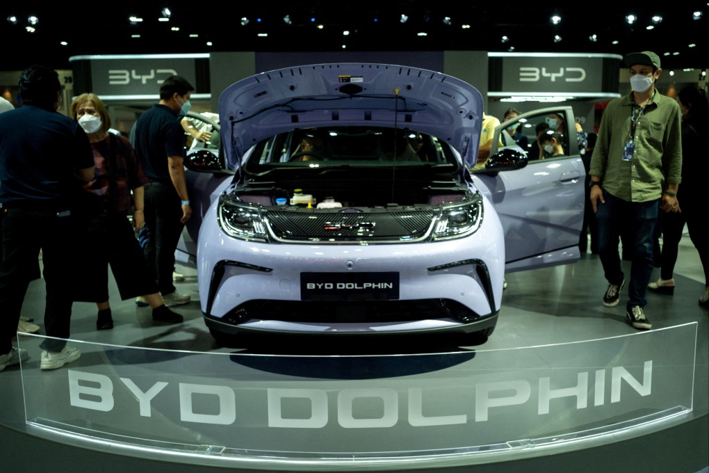 Visitors view a BYD Dolphin EV car at the 44th Bangkok International Motor Show in Bangkok, Thailand, on March 23, 2023. Photo: Reuters