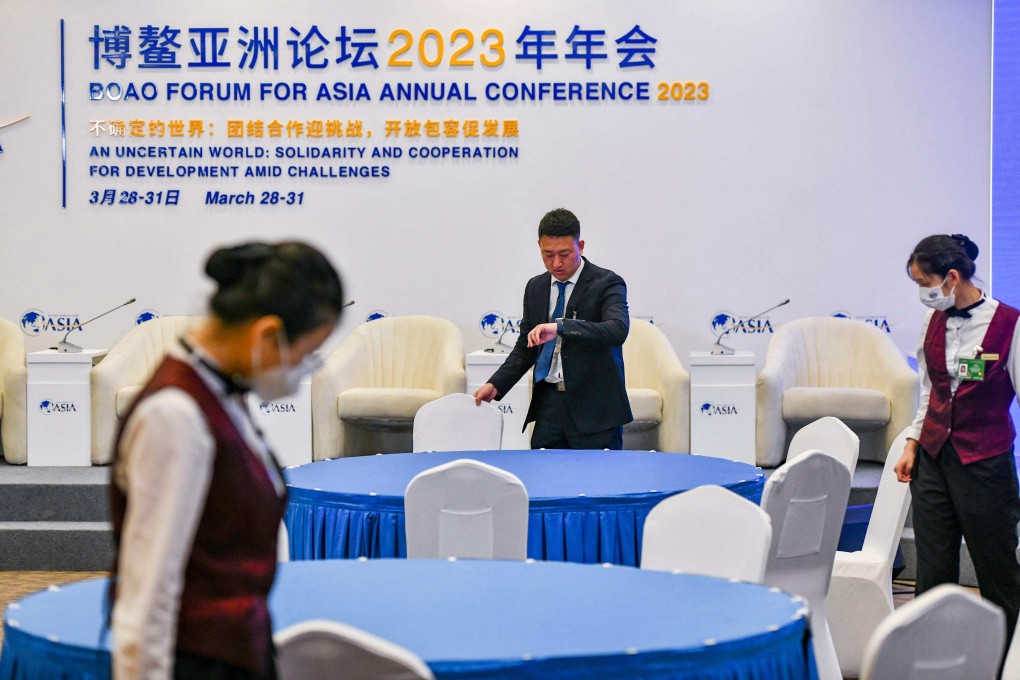 Staff prepare for the Boao Forum for Asia, which runs until Friday in China’s tropical Hainan province. Photo: AFP
