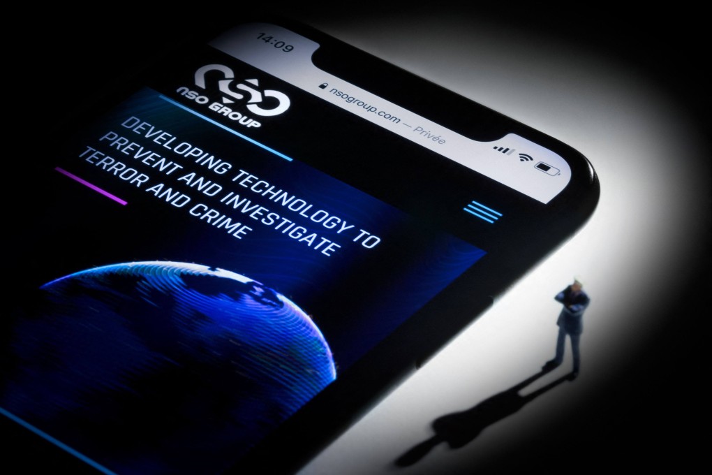 This photo illustration shows a smartphone displaying the website of Israeli tech firm NSO Group's Pegasus spyware. Photo: AFP