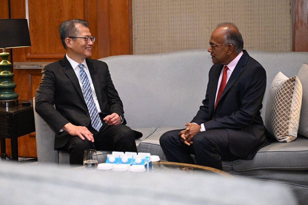 Hong Kong Financial Secretary Paul Chan Mo-po meets Singapore’s Home Affairs and Law Minister K Shanmugam at the sidelines of SCMP’s China Conference: Southeast Asia 2023. Photo: Handout