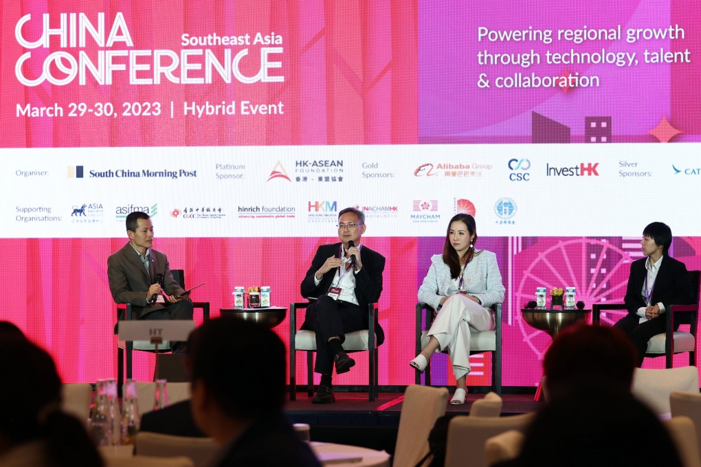 The panel focusing on EVs at the Post’s China Conference on Wednesday. From left to right, the SCMP’s Eric Ng, Wee Shann Lam, deputy CEO (technology) at LTA, Jasmmine Wong, CEO of Inchcape Greater China and Singapore, and Monica Huang, EV charging principal consultant at Envision Digital. Photo: Handout