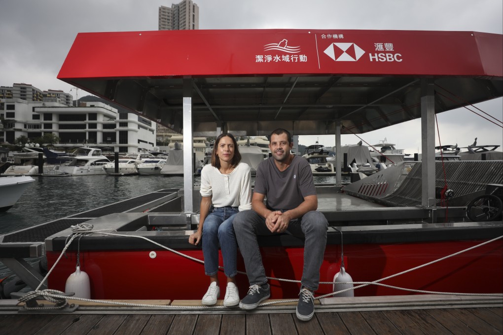 Ellen Ogren and Angus Harris, founders of the Clean Waterways Initiative that aims to remove plastic waste from the city’s polluted waters using zero-emission, solar-powered boats, seen here at the Aberdeen Marina Club, Hong Kong, on December 11, 2020. Photo: Xiaomei Chen