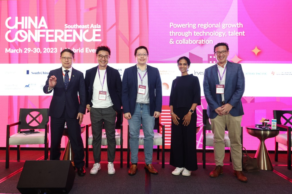 The China conference tech session on super apps in Southeast Asia: (left to right) Eugene Tang, SCMP’s business editor; Hian Goh, founder and general partner of Openspace Ventures; Dave Ng, general partner of Altara Ventures; Manisha Shah, chief financial officer of MoMo; and Darren Yong, head of technology, media and telecommunications at KPMG Asia Pacific. Photo: SCMP