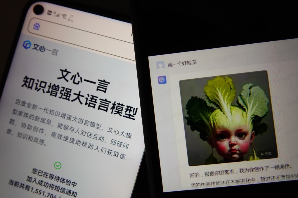 A netizen shows information about Baidu’s ‘Ernie Bot’ on his mobile phone on March 24. The bot’s Vincennes diagram function has been ridiculed by netizens. Photo: Getty Images