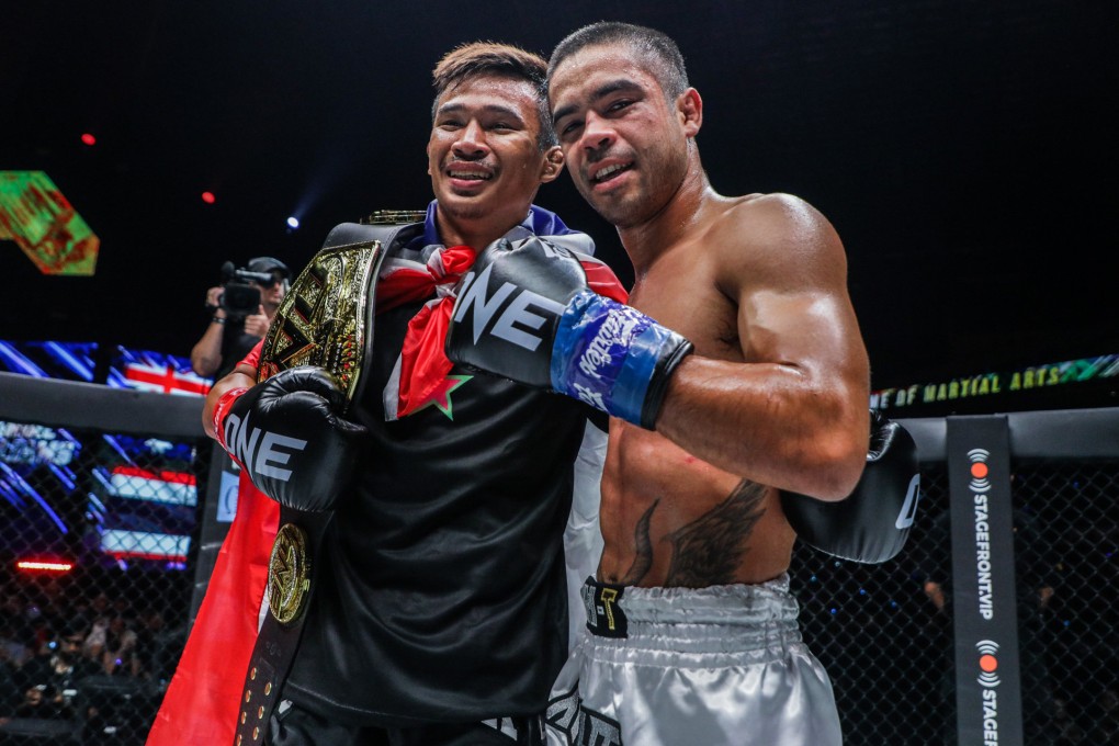 Superlek (left) and Danial Williams pose after their kickboxing title fight at ONE Fight Night 8 in Singapore. Photos: ONE Championship.
