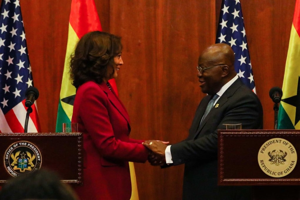 US Vice-President Kamala Harris shakes hands with Ghanaian President Nana Akufo-Addo after talks in Accra, Ghana, on Monday. Photo: AFP