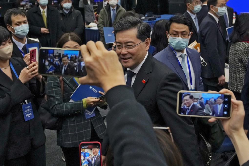 Chinese Foreign Minister Qin Gang filmed by reporters and delegates after speaking about the Global Security Initiative at the Lanting Forum in Beijing on February 21. Attracting farther countries towards its initiative might be the easy part for China. The challenge is how Beijing presents it to its neighbours. Photo: AP