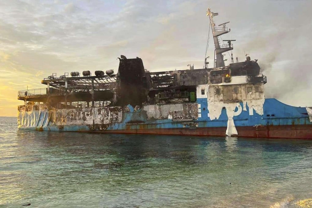 The remains of the Lady Mary Joy III in southern Philippines, in which people perished during a fire. Photo: AP