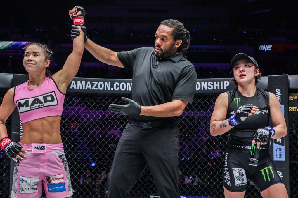 Ham Seo-hee’s hand is raised by referee Herb Dean after her victory over Itsuki Hirata at ONE Fight Night 8. Photos: ONE Championship