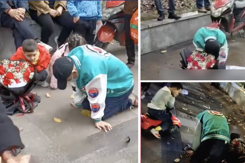 The story of a Chinese man who spent the whole night on his knees in the rain outside the office of a woman who had jilted him, begging her to take him back,  has caused a stir on mainland social media. Photo: SCMP composite/handout