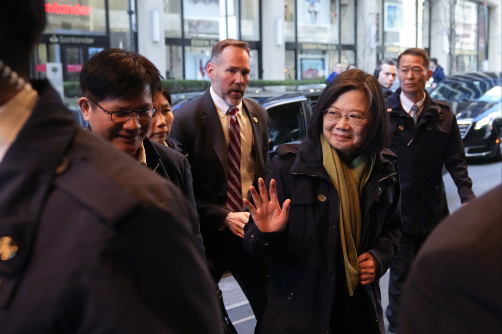 Taiwanese President Tsai Ing-wen waves as she arrives at a hotel in New York on March 30, a day before flying to Central America. Photo: AP