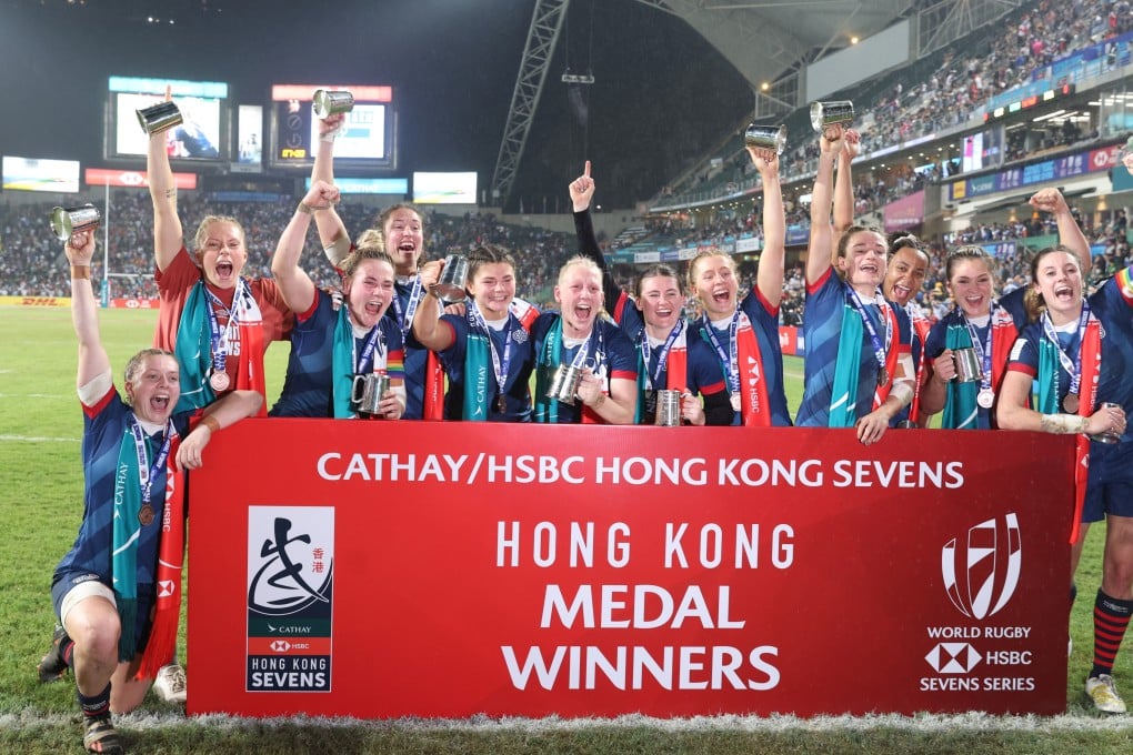 Great Britain celebrate victory over Fiji in the women’s bronze medal final on the third day of the 2023 Hong Kong Sevens. Photo: Yik Yeung-man