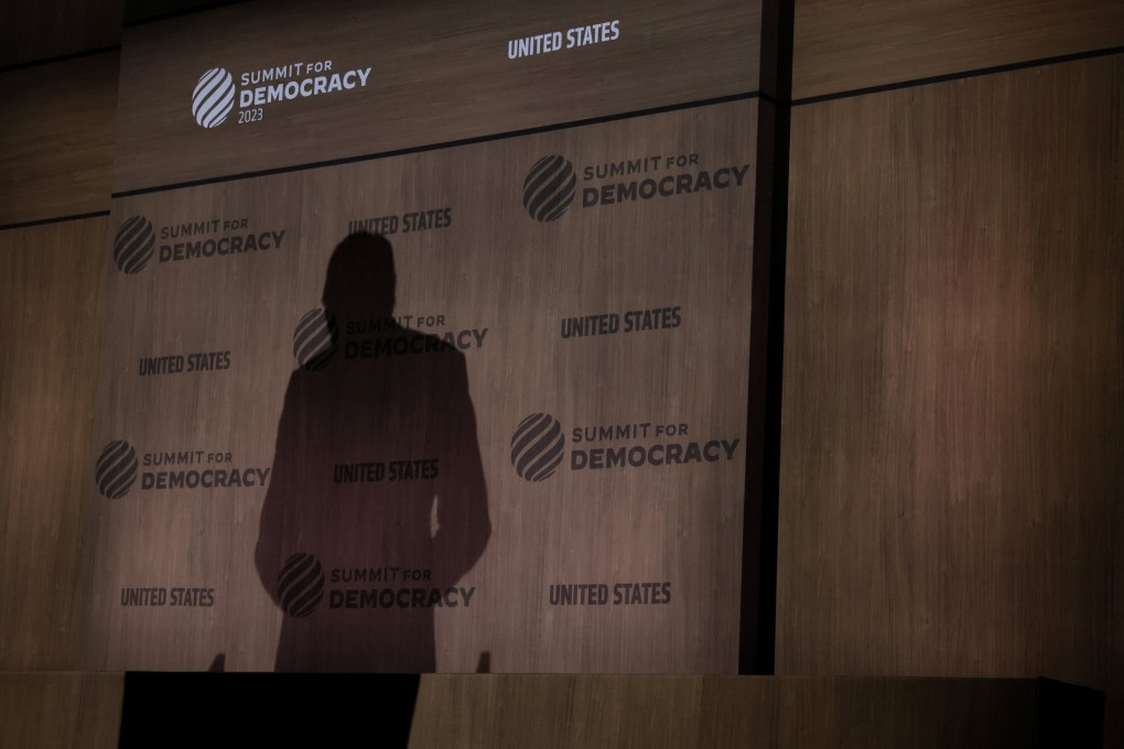 A shadow is cast on the wall as US Secretary of State Antony Blinken delivers remarks during the Summit for Democracy at the Washington Convention Centre in Washington on March 30. Photo: Reuters