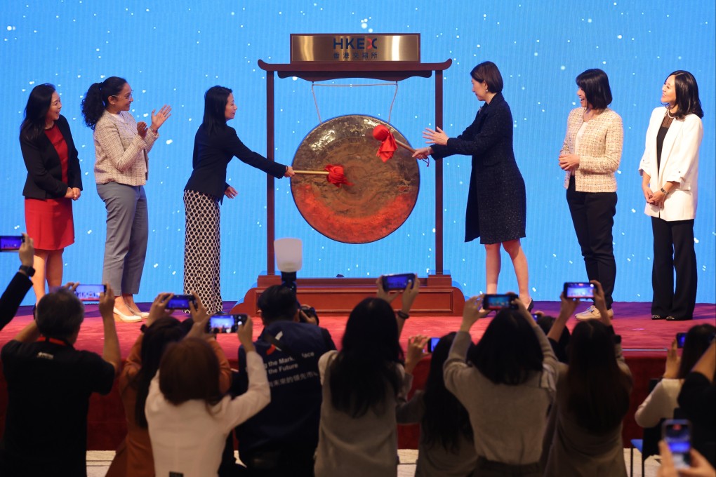 The gong striking ceremony at the Hong Kong Exchanges and Clearing Limited special market closing ceremony on International Women’s Day. Photo: May Tse