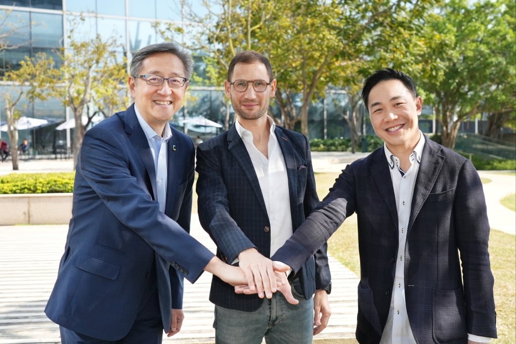 Cyberport CEO Peter Yan (left), alfred24 co-founder and CEO Christian Secci (centre) and MTR Lab managing director Michael Chan. MTR Lab and Cyberport have made their first co-investment in alfred24. Photo: Handout