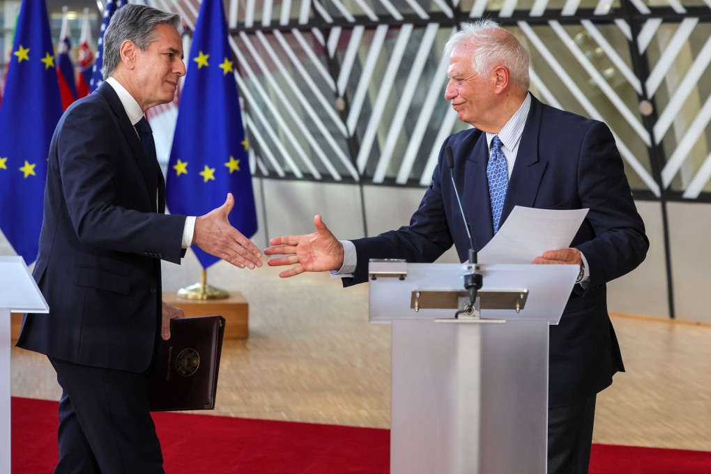 US Secretary of State Antony Blinken (left) and European Union’s foreign policy chief Josep Borrell shake hands during their meeting in Brussels, Belgium, on Tuesday. Photo: EPA-EFE