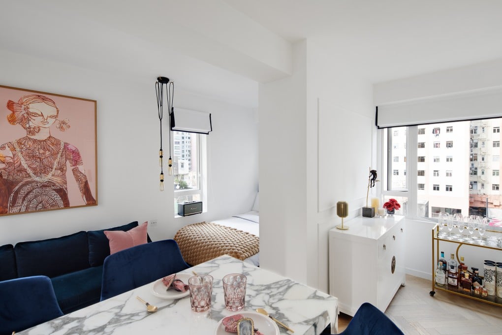 The owner of this 470 sq ft studio apartment in Tai Hang, Hong Kong, went all out make her small space shine – even the light switches, sockets and the door stopper are luxe. Her designer’s clever storage and work-from-home solutions make it a practical space too. Photo: Monika Kulon