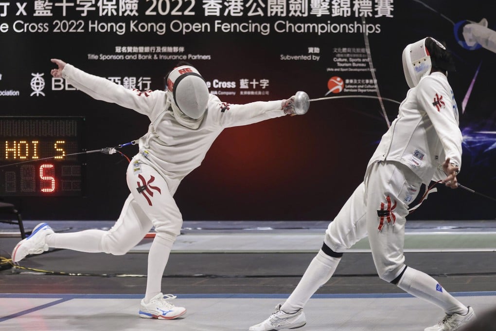 Fong Hoi-sun (right) and Ng Ho-tin in the men’s epee final at the 2022 Hong Kong Open Fencing Championships. Photo: Jonathan Wong