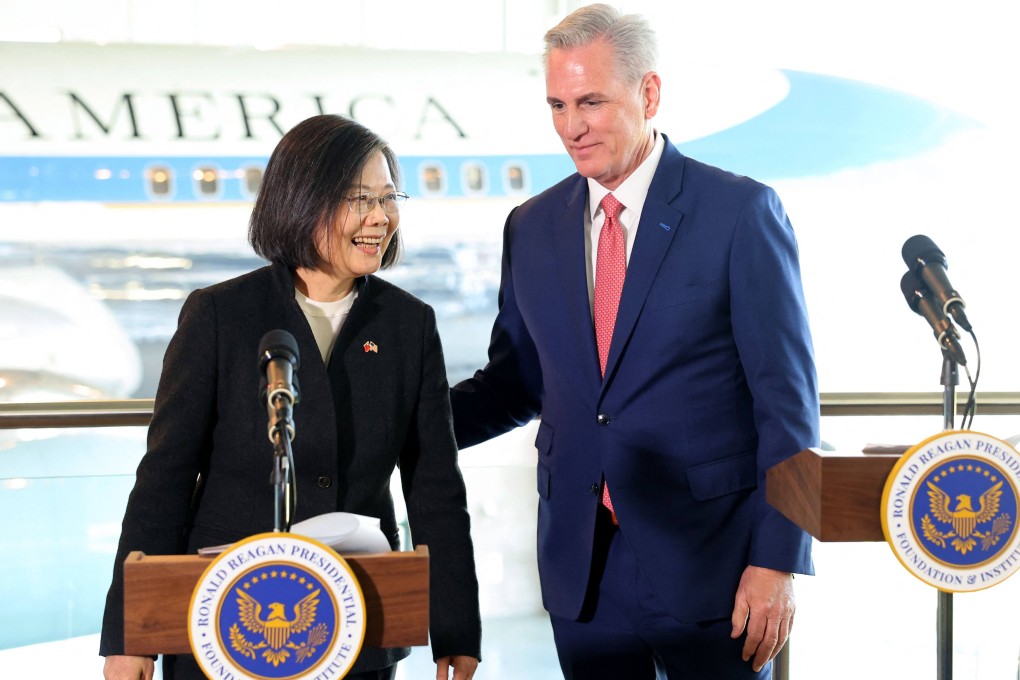 Taiwanese President Tsai Ing-wen (left) and Speaker of the House Kevin McCarthy wrap up their remarks in the Air Force One Pavilion at the Ronald Reagan Presidential Library in Simi Valley, California, on Wednesday. Photo: Getty Images via AFP