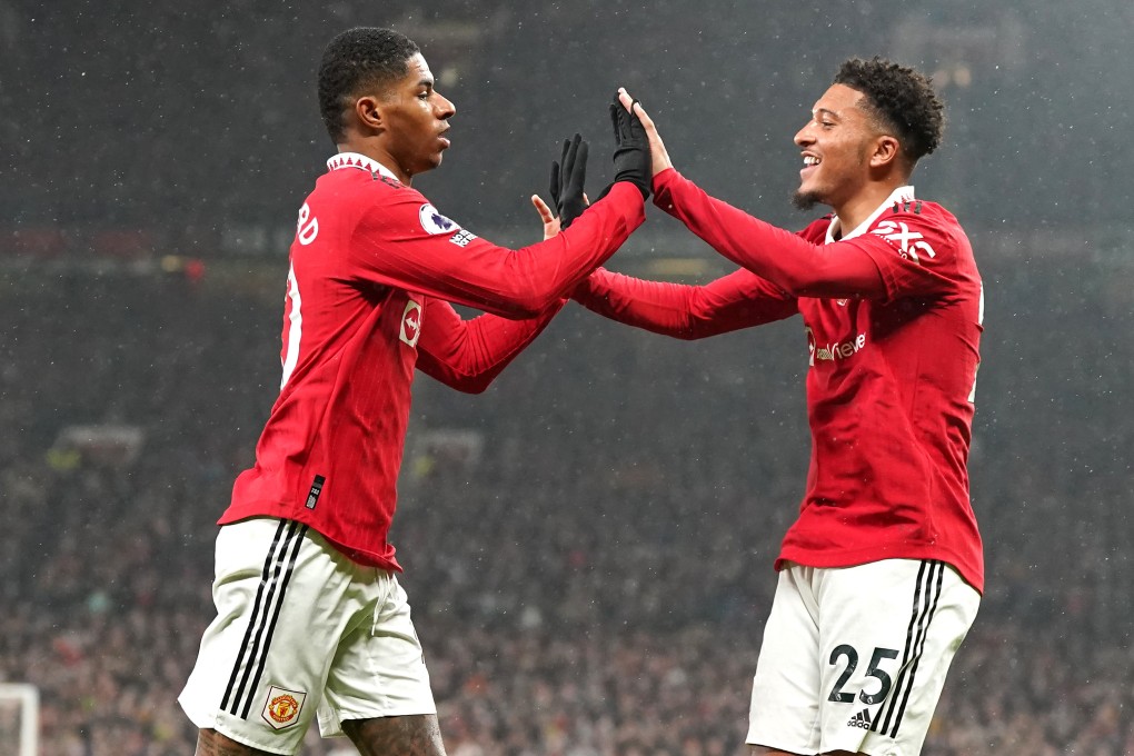 Manchester United’s Marcus Rashford (left) celebrates scoring with Jadon Sancho. Photo: dpa