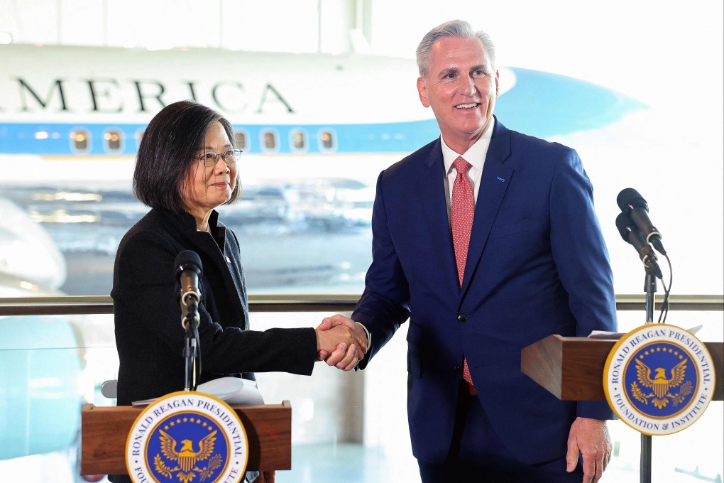 House Speaker Kevin McCarthy met Taiwanese President Tsai Ing-wen in California on Wednesday. The historic meeting on US soil was greeted by threats of retaliation by China. Photo: Getty Images via AFP