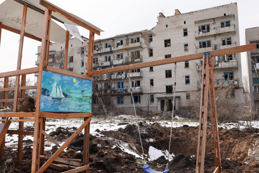 A crater from recent shelling at a playground in near the frontline in the eastern region of Donetsk, Ukraine, earlier this month. Photo: Reuters