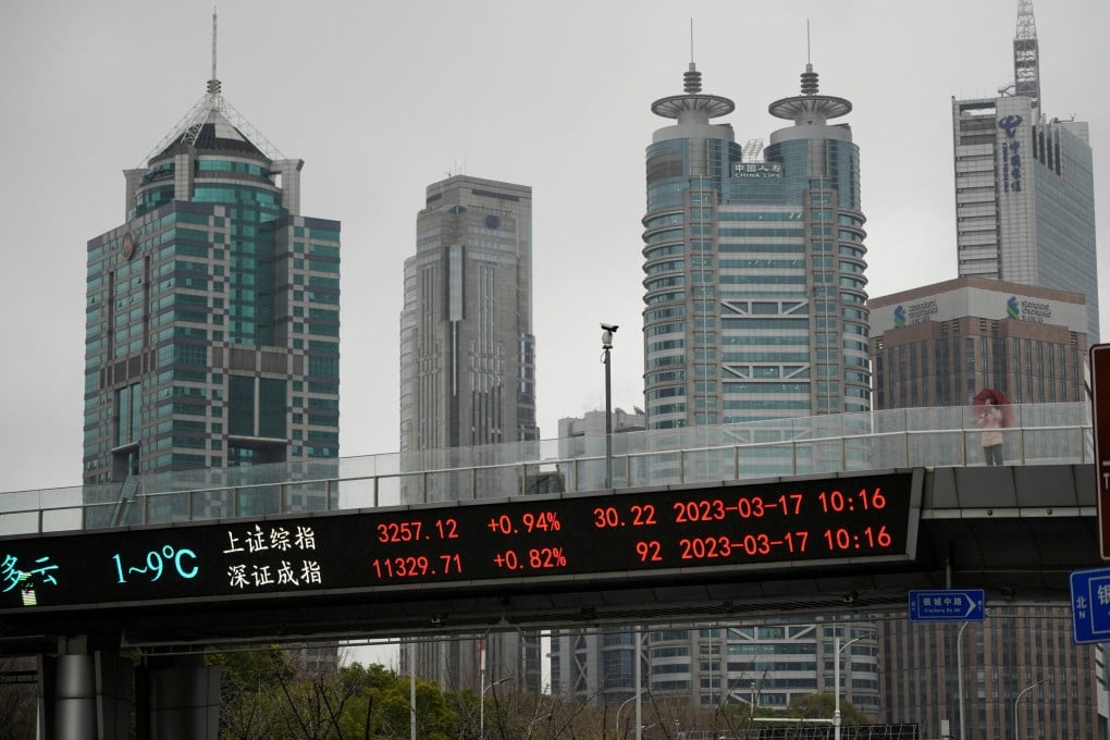 An electronic board shows Shanghai and Shenzhen stock indices at the Lujiazui financial district in Shanghai. Photo: Reuters