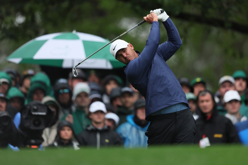 Brooks Koepka tees off on the fourth hole during a rain-disrupted third round of the Masters. Photo: TNS