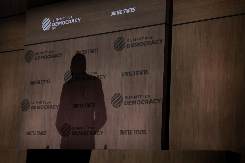 A shadow is cast on the wall as US Secretary of State Antony Blinken delivers remarks during the Summit for Democracy in Washington, US. Photo: Reuters