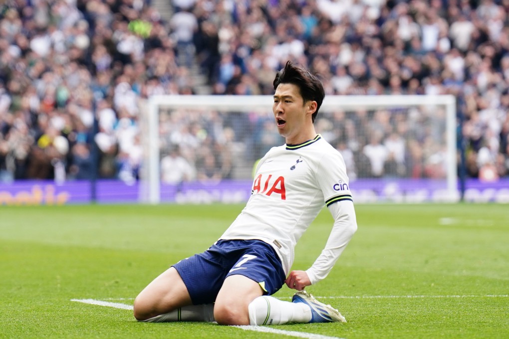 Son Heung-min celebrates scoring Tottenham Hotspur’s first goal aganst Brighton. Photo: dpa