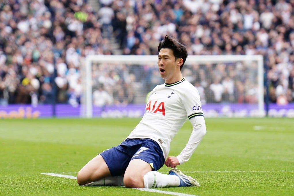 Son Heung-min celebrates scoring Tottenham Hotspur’s first goal aganst Brighton. Photo: dpa