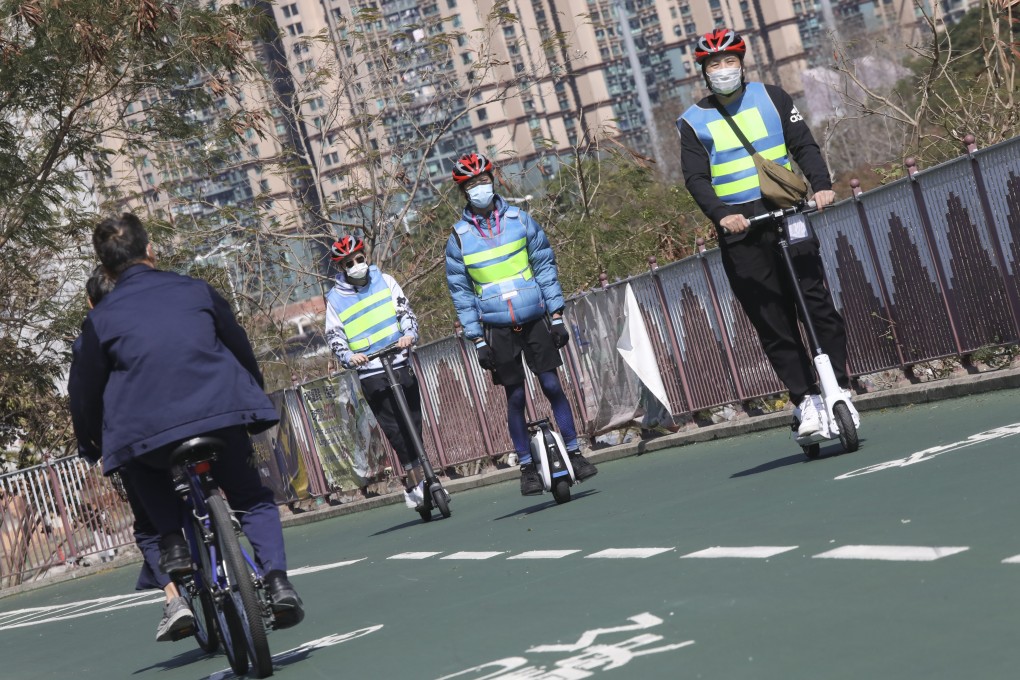 Transport Department staff test electric scooters and other devices on a cycle track in Tseung Kwan O. Photo:  K. Y. Cheng