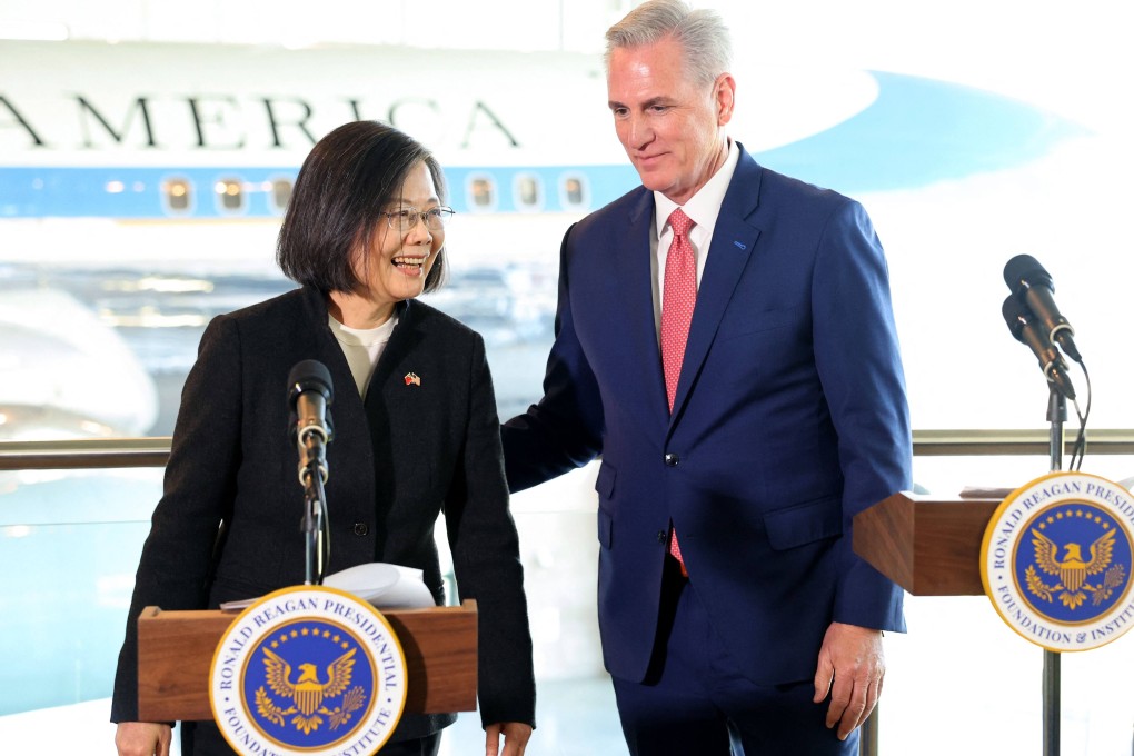 Taiwanese President Tsai Ing-wen and US Speaker of the House Kevin McCarthy stand together in the Air Force One Pavilion at the Ronald Reagan Presidential Library after making statements to the press on April 5, in Simi Valley, California. Photo: Getty Images/AFP