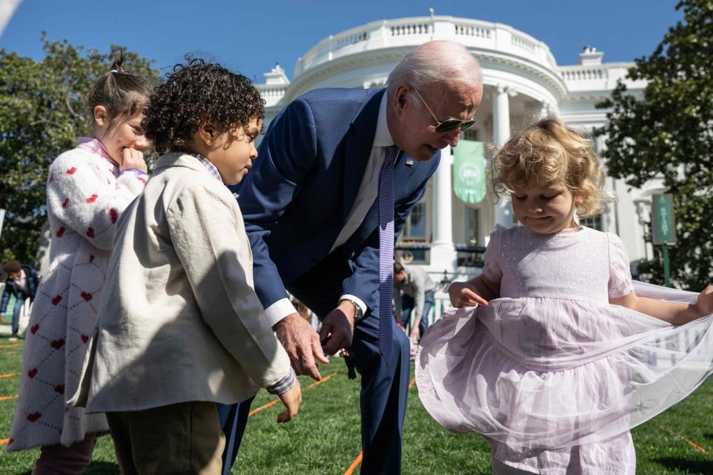 US President Joe Biden speaks to children at the Easter Egg Roll at the White House on Monday. The theme of this year’s event is ‘EGGucation’. Photo: AFP