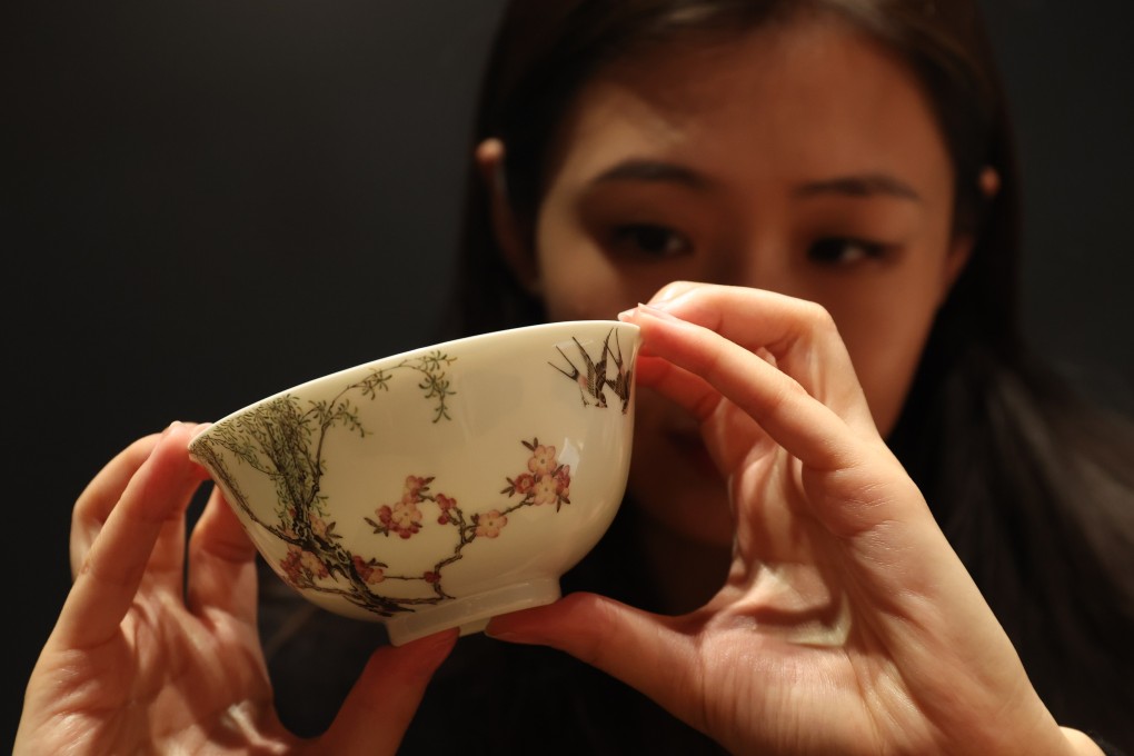 An imperial falangcai “swallow” porcelain bowl, which sold for HK$170 million, is displayed at a Sotheby’s auction. Sotheby’s, Phillips and Poly Auction’s spring auctions saw Asian art shine in Hong Kong. Photo: Edmond So