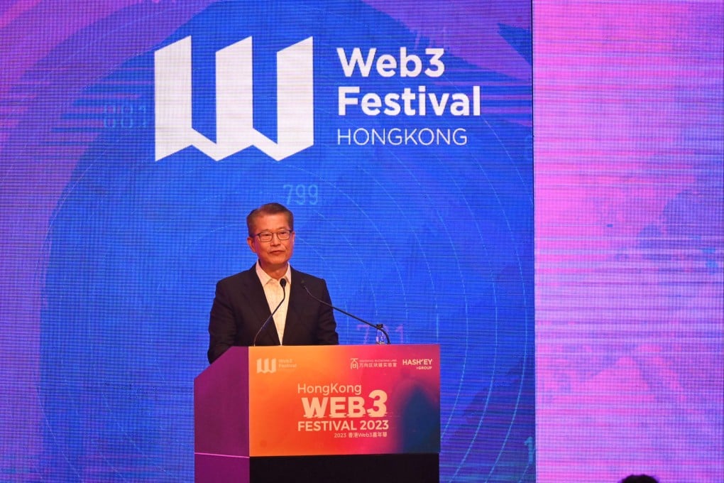 Financial Secretary Paul Chan delivers opening remarks during the Hong Kong Web3 Festival at the Wan Chai Convention and Exhibition Centre. Photo: Matt Haldane